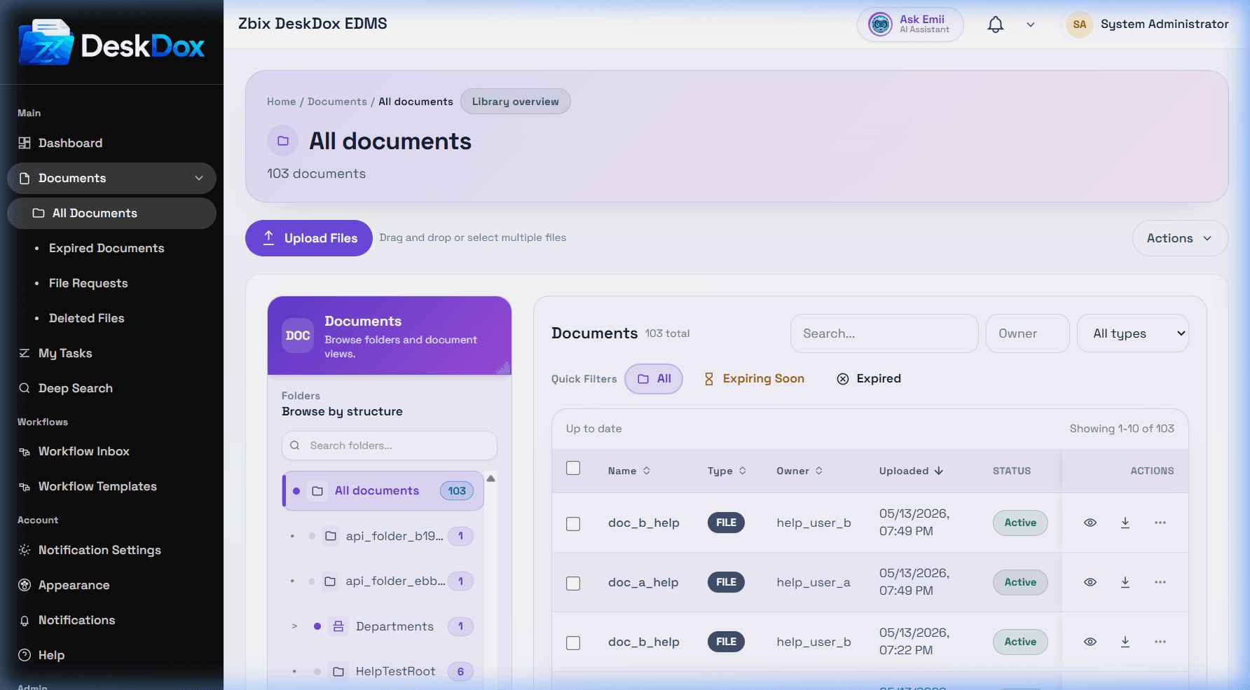 DeskDox document repository with folder navigation, filters, document status, and upload controls.