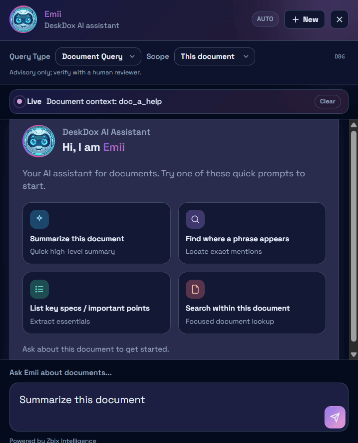 Emii document assistant panel with governed document query mode and reviewer-focused prompt actions.