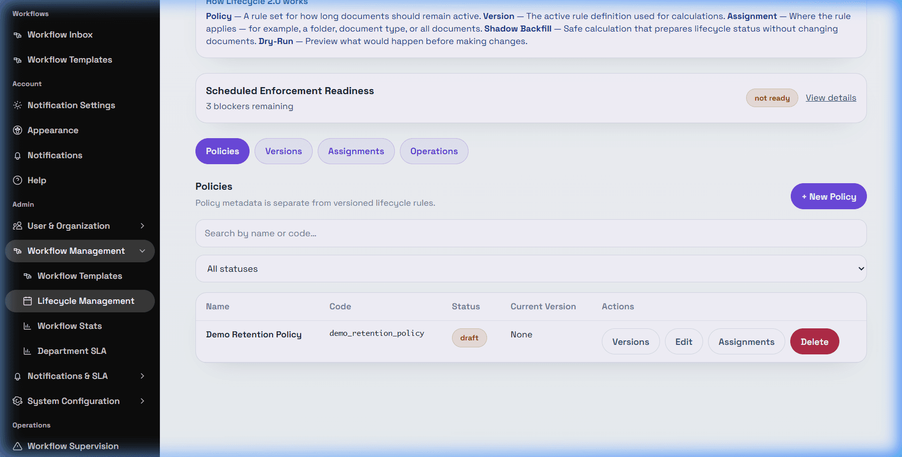 DeskDox lifecycle policy screen for retention rules, assignments, scheduled readiness, and operations.