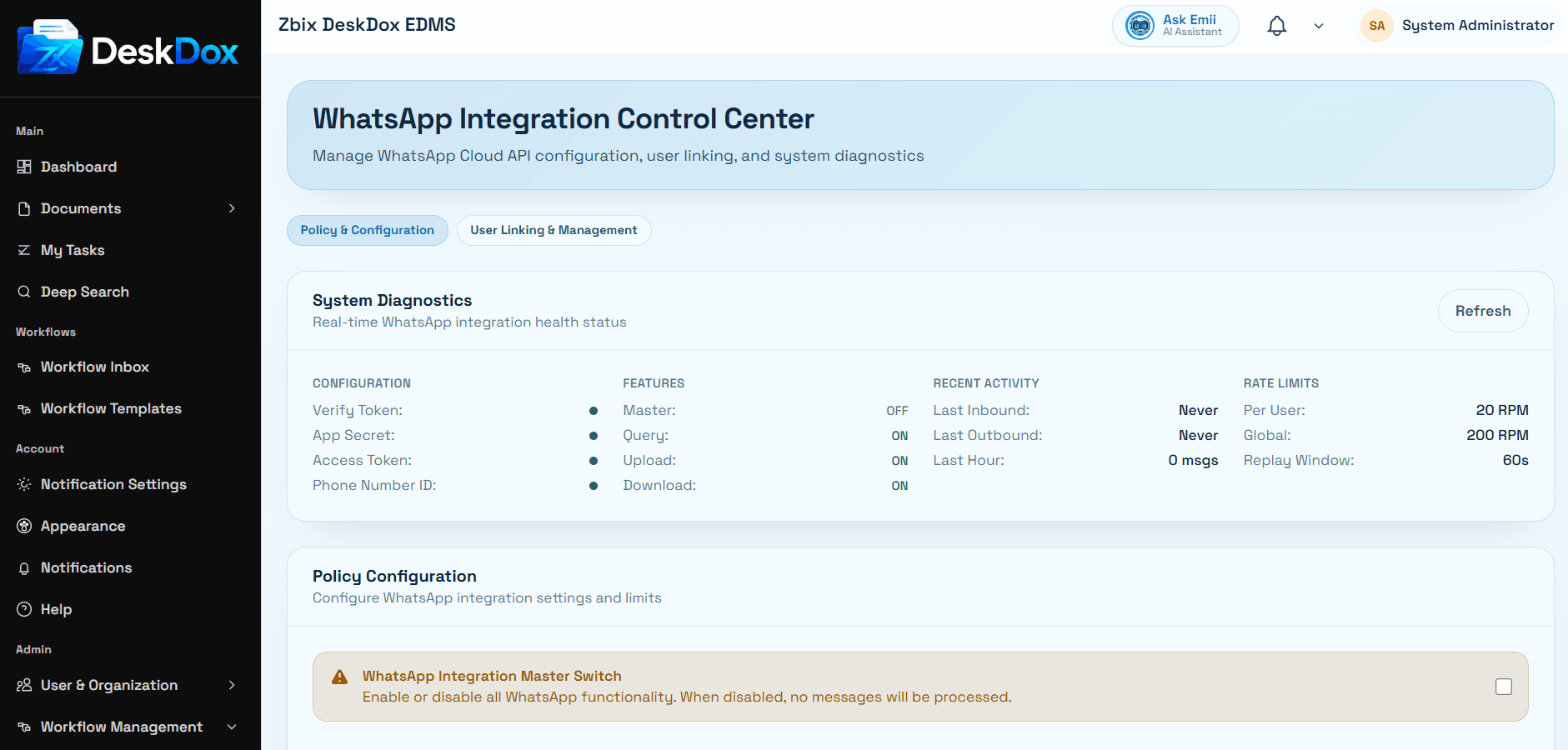 DeskDox WhatsApp integration control center with diagnostics, policy settings, and user linking controls.