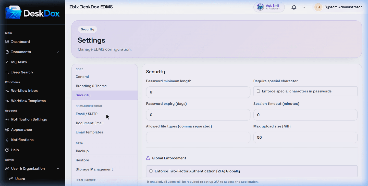 DeskDox system administration settings for security policy, session controls, and file handling limits.